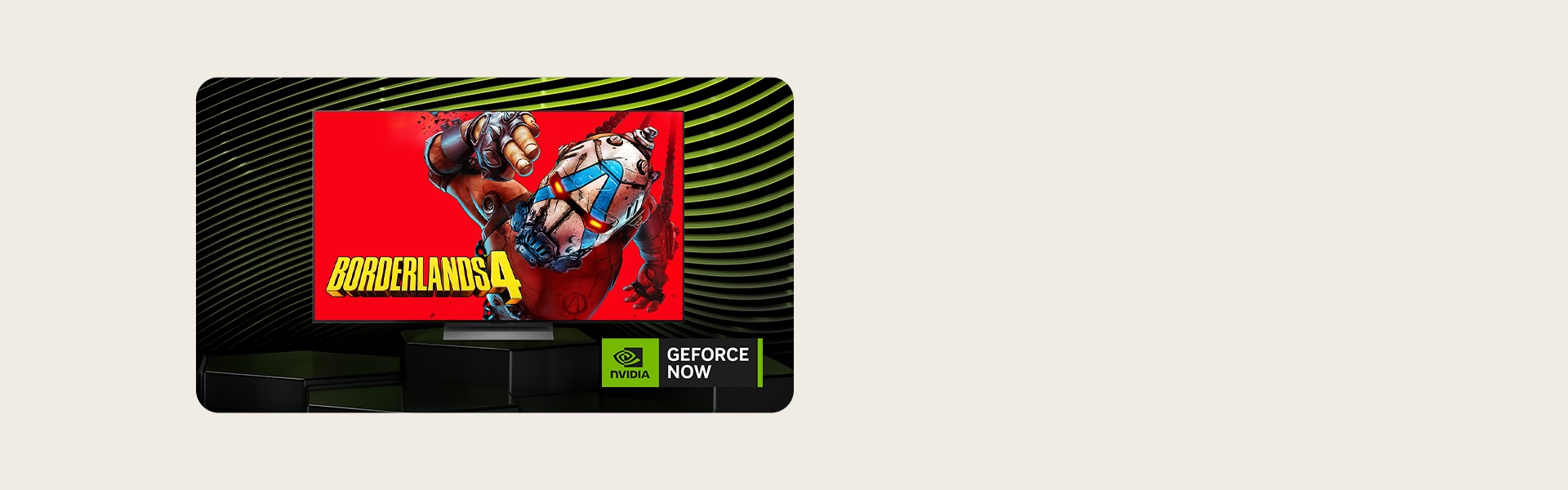 LG OLED evo AI G6 con NVIDIA GeForce NOW muestra Borderlands 4 en la pantalla junto con el logotipo de GeForce NOW, presentando acceso a juegos en la nube dentro de la interfaz del televisor.
